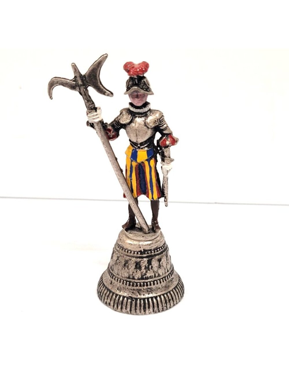 Bell Swiss Guard Holding a Battle Axe Silver Tone Bell Base 1970s Figurine Vtg